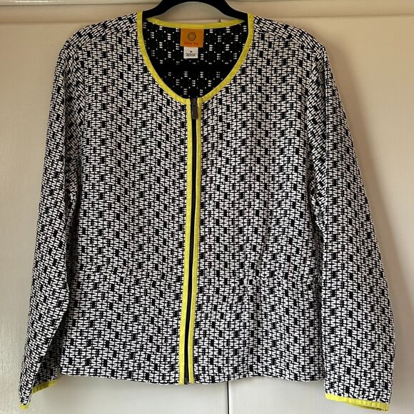 Ruby Rd white & black textured zippered blazer with neon yellow accents-Size 18 - Picture 1 of 14